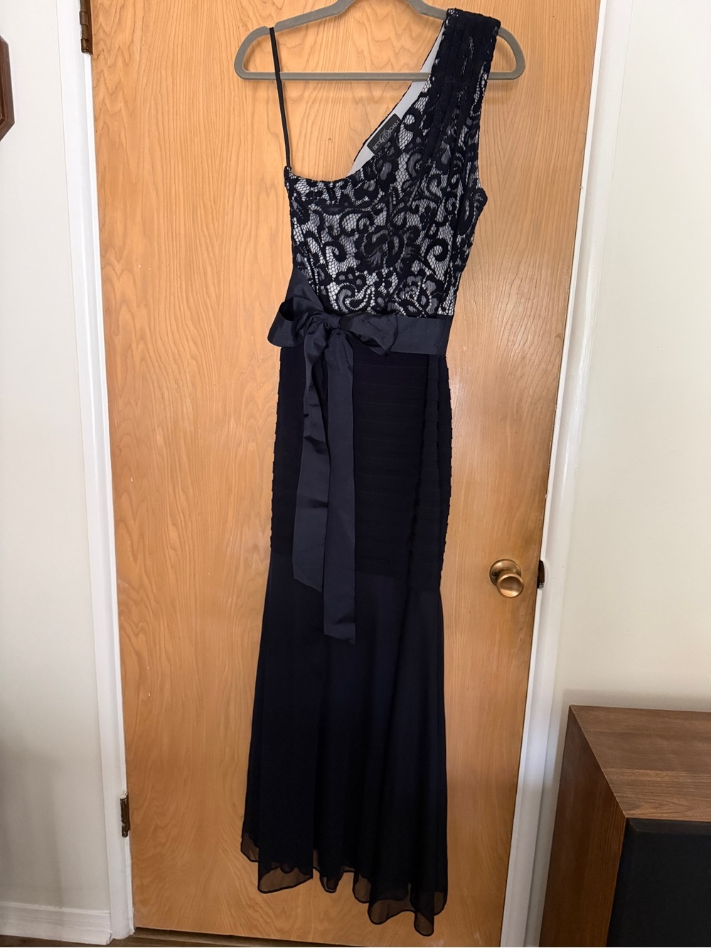One-Shoulder Navy Blue Evening Gown with Sash